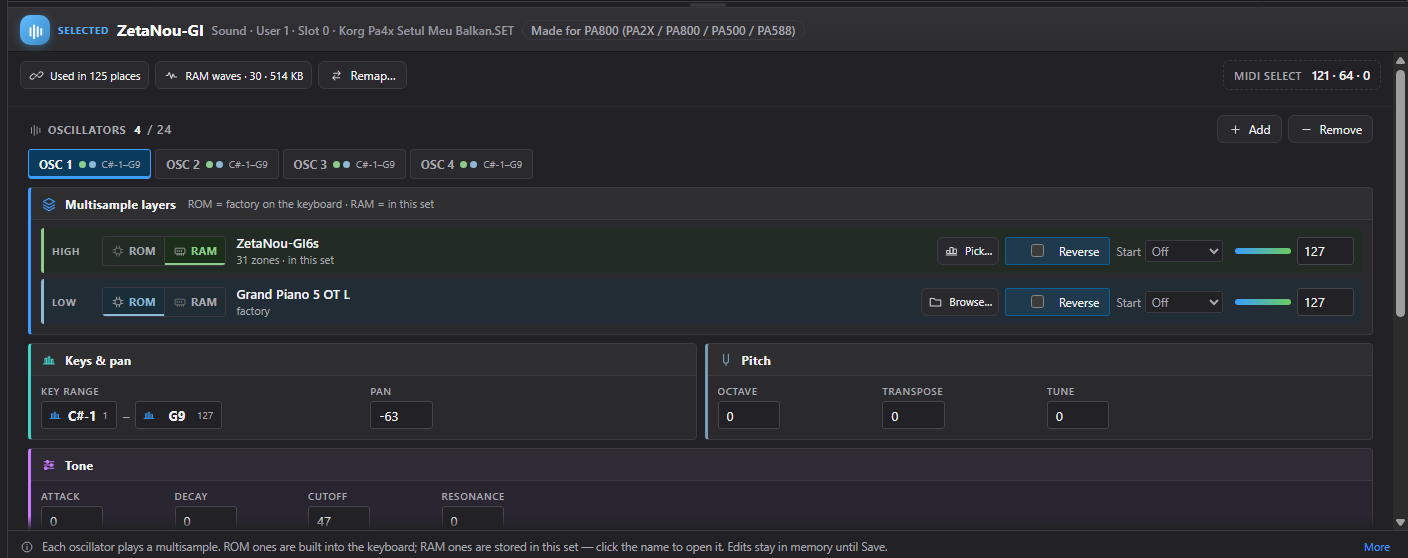 Actual per-OSC controls, multisample layers, key ranges and pitch settings