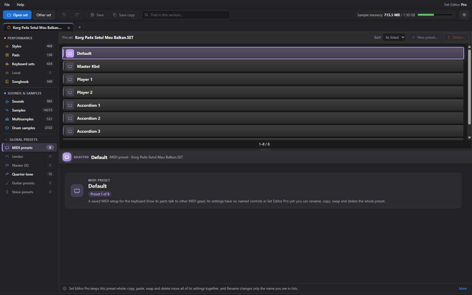 Actual expanded Global presets navigation and MIDI preset in Set Editor Pro